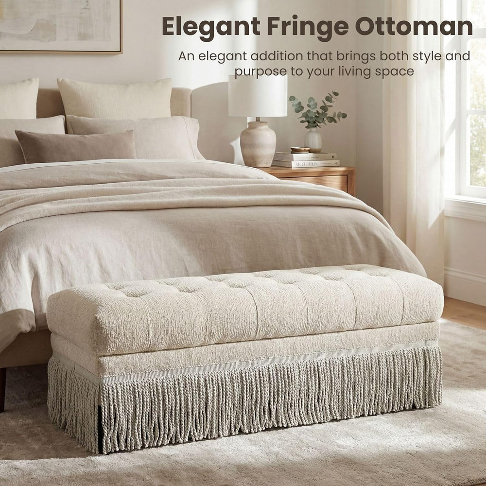 47-Inch Chenille Ottoman Bench Vintage Tufted Fringe Design Beige