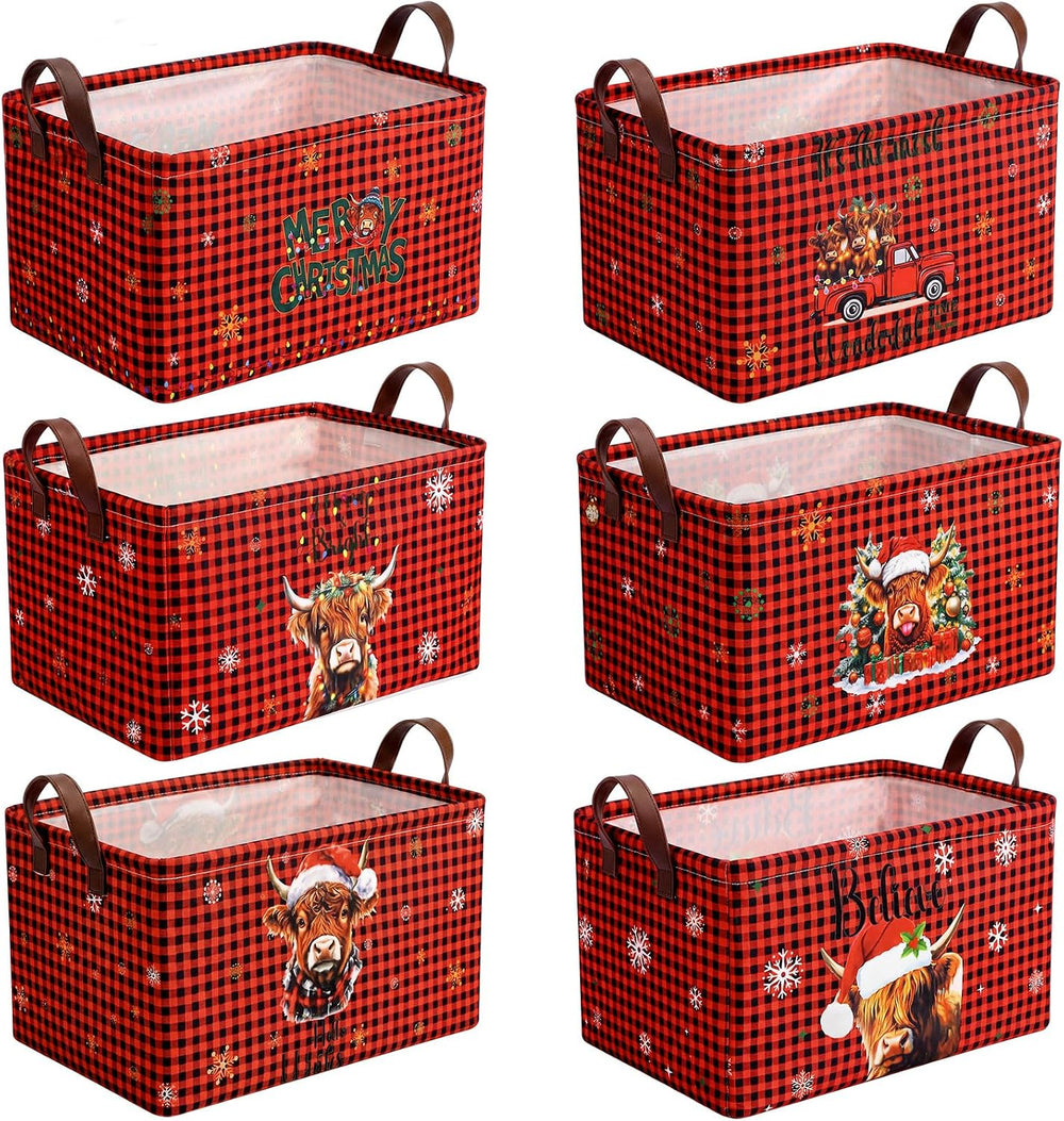 CHENGU 6 Pack Christmas Storage Basket Red Plaid Collapsible Christmas Bins