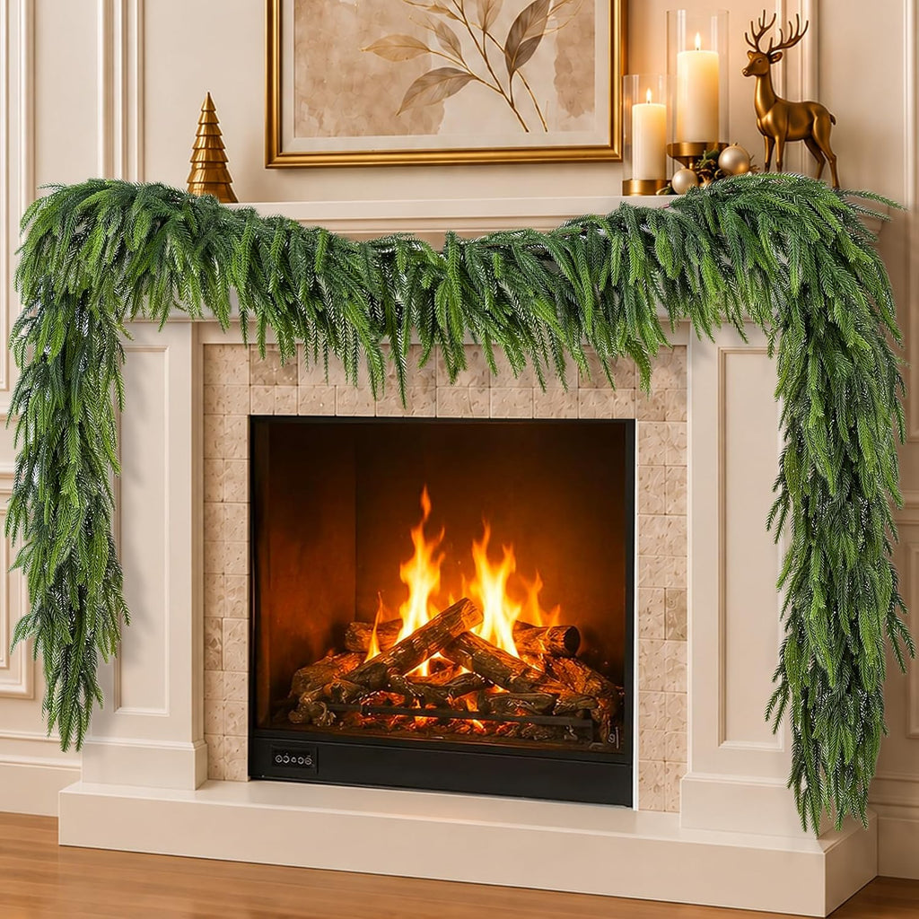 12FTx1 Extra Full Christmas Garland Real Touch Norfolk Pine Garland Faux Greenery Garlands Christmas Decorations Norfolk Pine Garlands for Stairs, Railing,Table Holiday Seasonal Indoor Mantle Decor