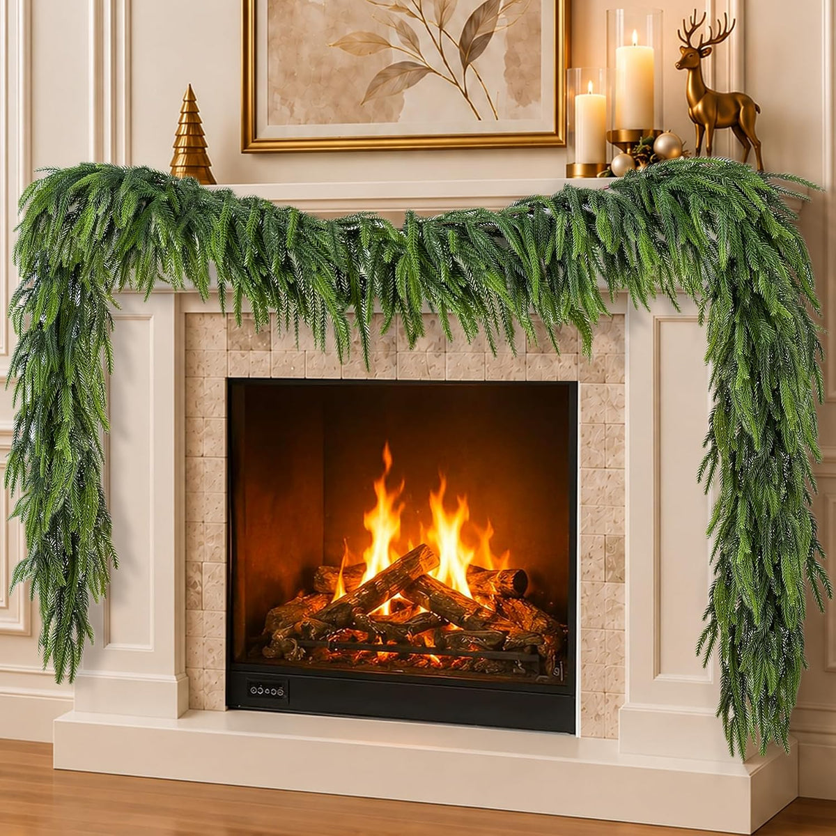 12FTx1 Extra Full Christmas Garland Real Touch Norfolk Pine Garland Faux Greenery Garlands Christmas Decorations Norfolk Pine Garlands for Stairs, Railing,Table Holiday Seasonal Indoor Mantle Decor