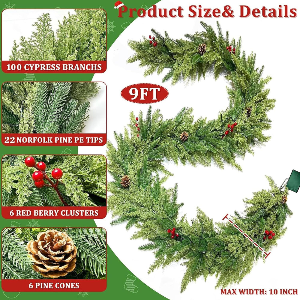 Pre-Lit 9 FT Christmas Garland with Lights Norfolk Cedar Garland Xmas Decor