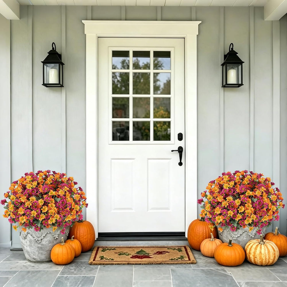 12 Bundles Fall Flowers Artificial, UV Resistant Faux Mums for Outdoors