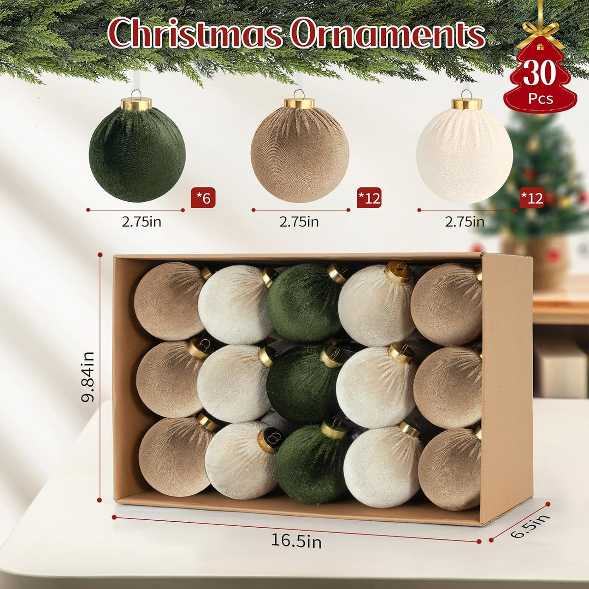 velvet ball christmas tree ornaments set, 30 pack, side view