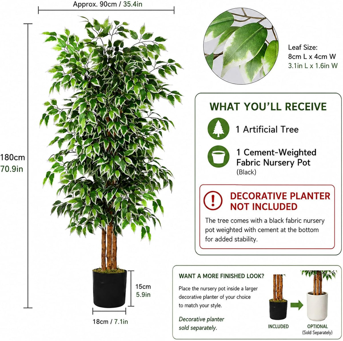 GTIDEA 6FT Artificial Ficus Tree with Real Wood Trunks, Faux Tree Indoor