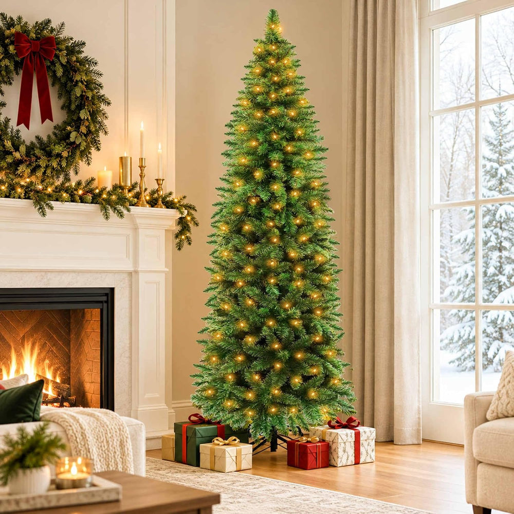 6Ft Prelit Pencil Christmas Tree with 240 Warm White&Colors Changing Lights