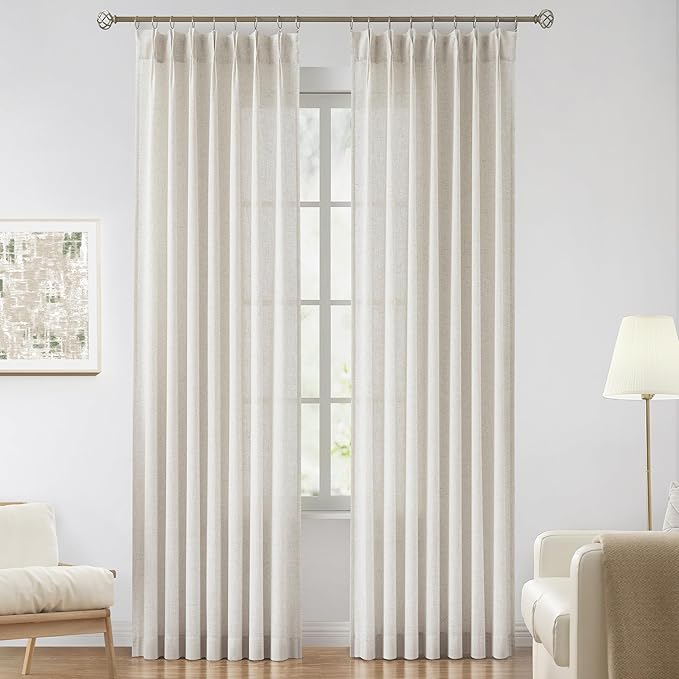 Vision Home Natural Pinch Pleated Semi Sheer Curtains Textured Linen Blended Light Filtering Window Curtains 112 inch for Living Room Bedroom Pinch Pleat Drapes with Hooks 2 Panels 42" Wx112 L