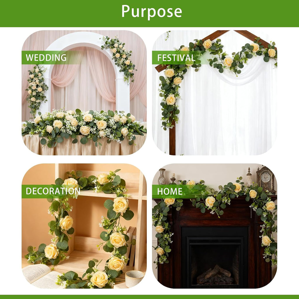 4 Pack 5.9 FT Artificial Flower Garland with Lights, Fake Floral Garland with 24 Champagne Roses, Flower Decorations for Arch Table Centerpieces Backdrop Party Home Wedding Decorations