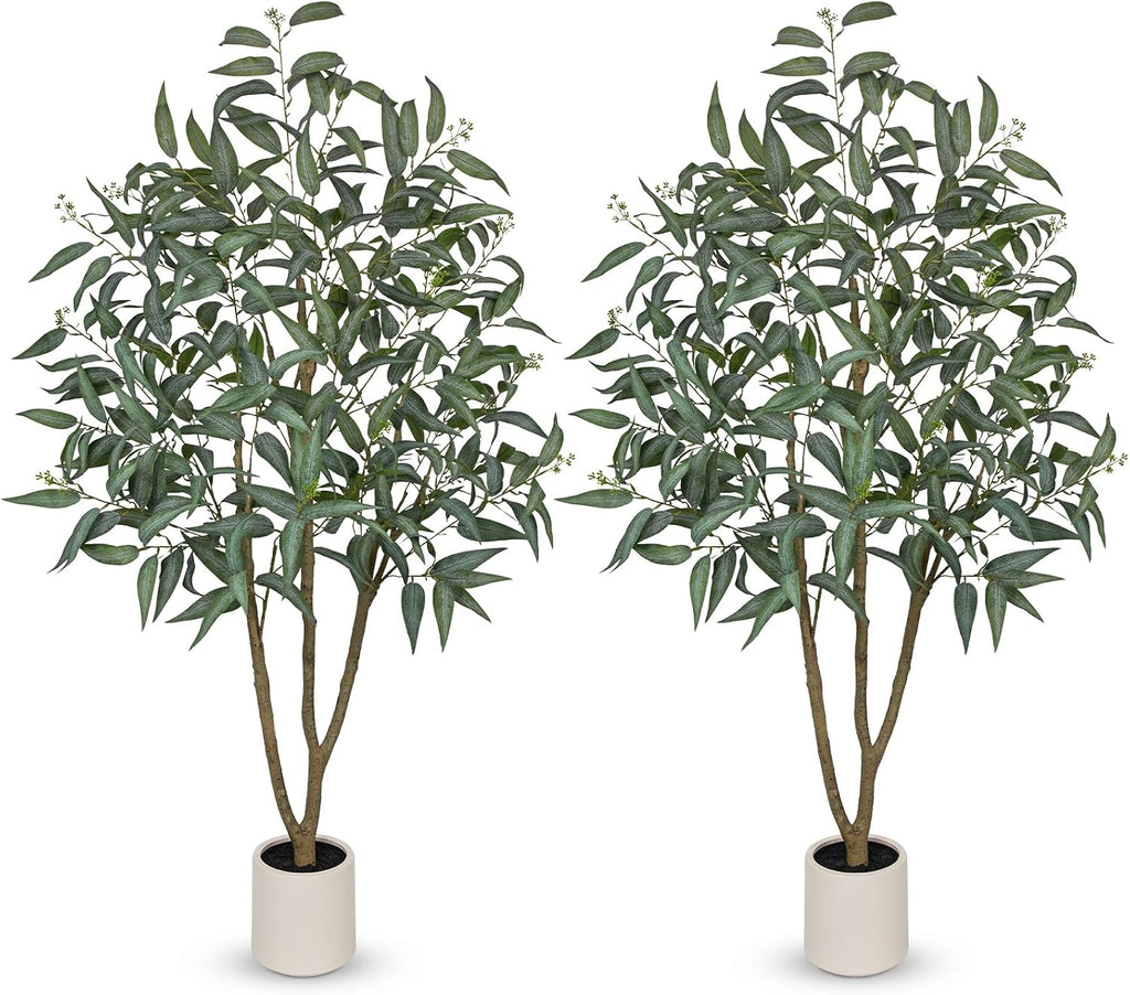 Eucalyptus Trees Artificial Indoor - 2PCS 5FT Tall Faux Eucalyptus Plants in White Planter, Fake Plant Décor for Farmhouse Bedroom Office Room Hallway Decoration