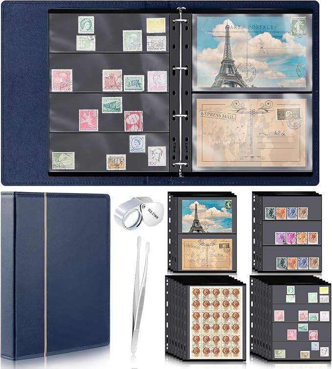 Lewtemi Stamp Collecting Albums Set Stamp Collection Book Include 20 Pages Album Binder Tweezer and Loop Magnifier Collecting Supplies for Collectors(Blue,1/2/3/4 Rows)