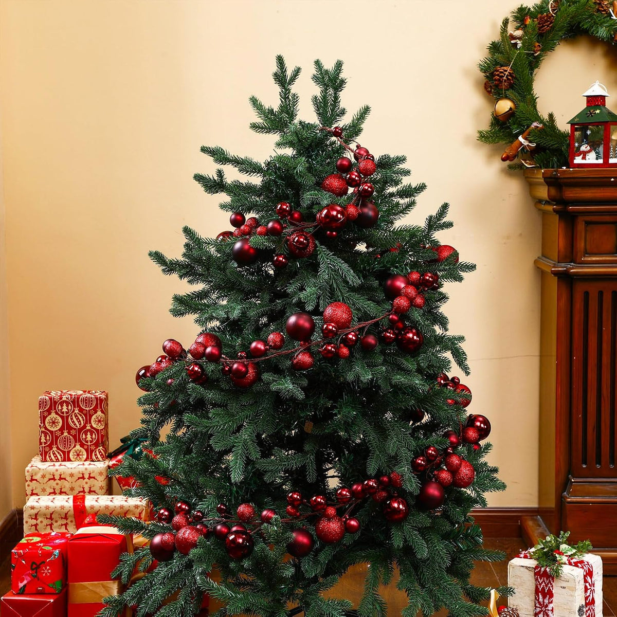 6 ft christmas ball ornament garland, burgundy, close-up detail