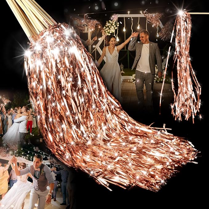 100 Pcs Lighted Wedding Wands LED Tinsel Wands Light up Streamers Sparklers for Wedding Send Off and Exits Birthday Party Props Favors(Rose Gold)