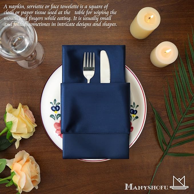 Manyshofu 60 Navy Blue Satin Napkins - 20x20 Inches Square Fabric Napkins Set - Soft & Reusable for Wedding Dinner Party Lunch (60 Pieces)