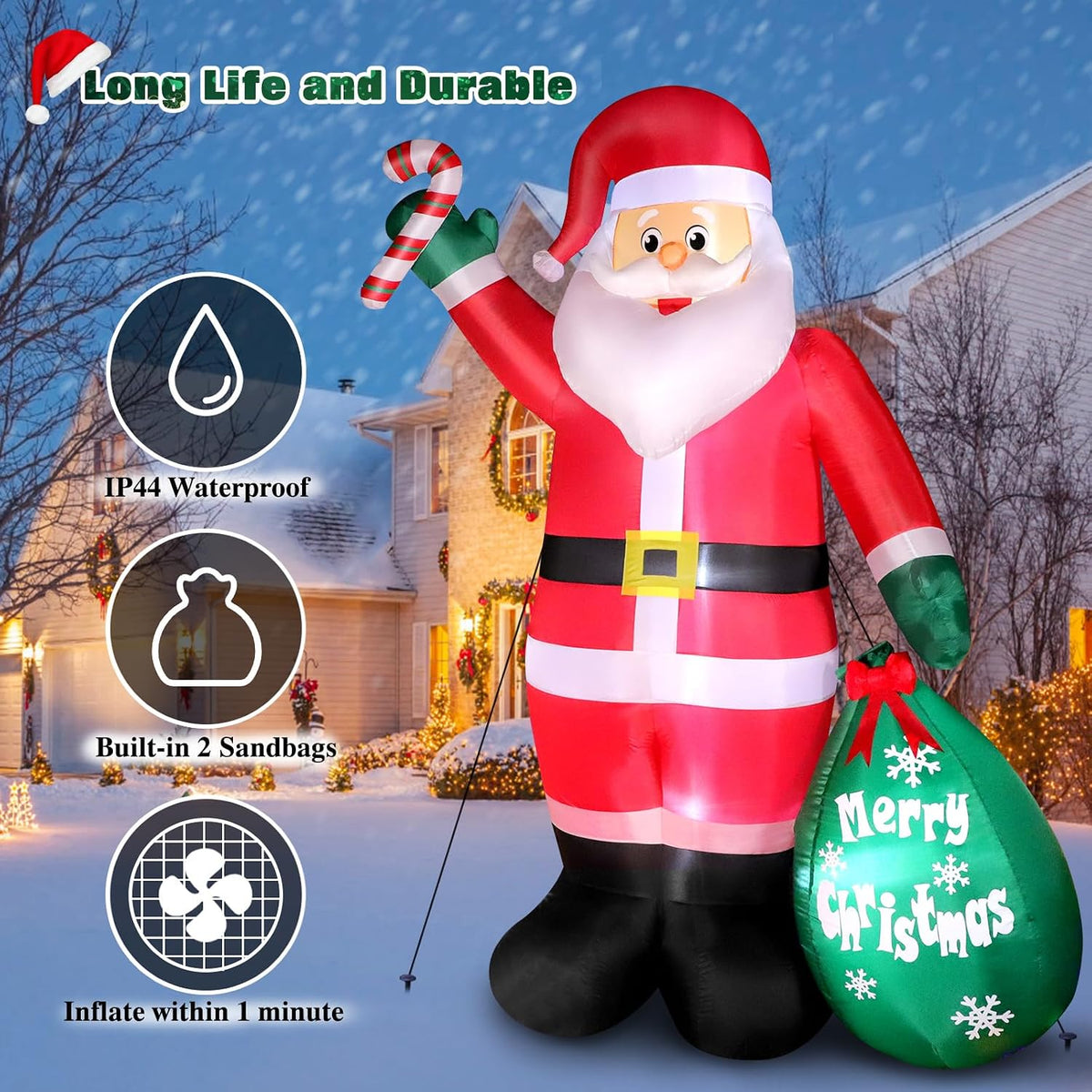 8 ft christmas inflatable santa claus with candy, side view