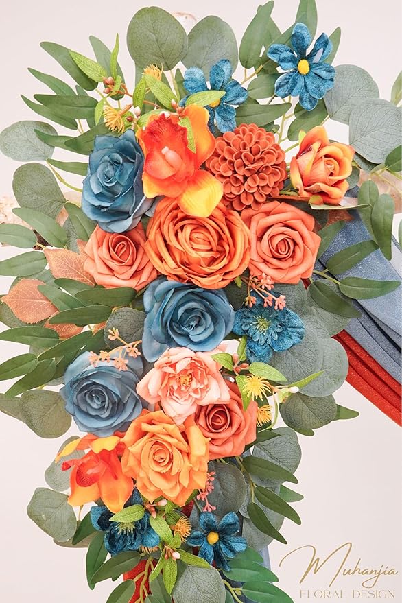 Artificial Wedding Arch Flowers Kit(Pack of 4),2Pcs Artificial Flower Arch Decor, 2Pcs Chiffon Fabric Drapes, Ceremony Decoration, Floral Outdoor Party Decor (Burnt Orange & Dark Teal)