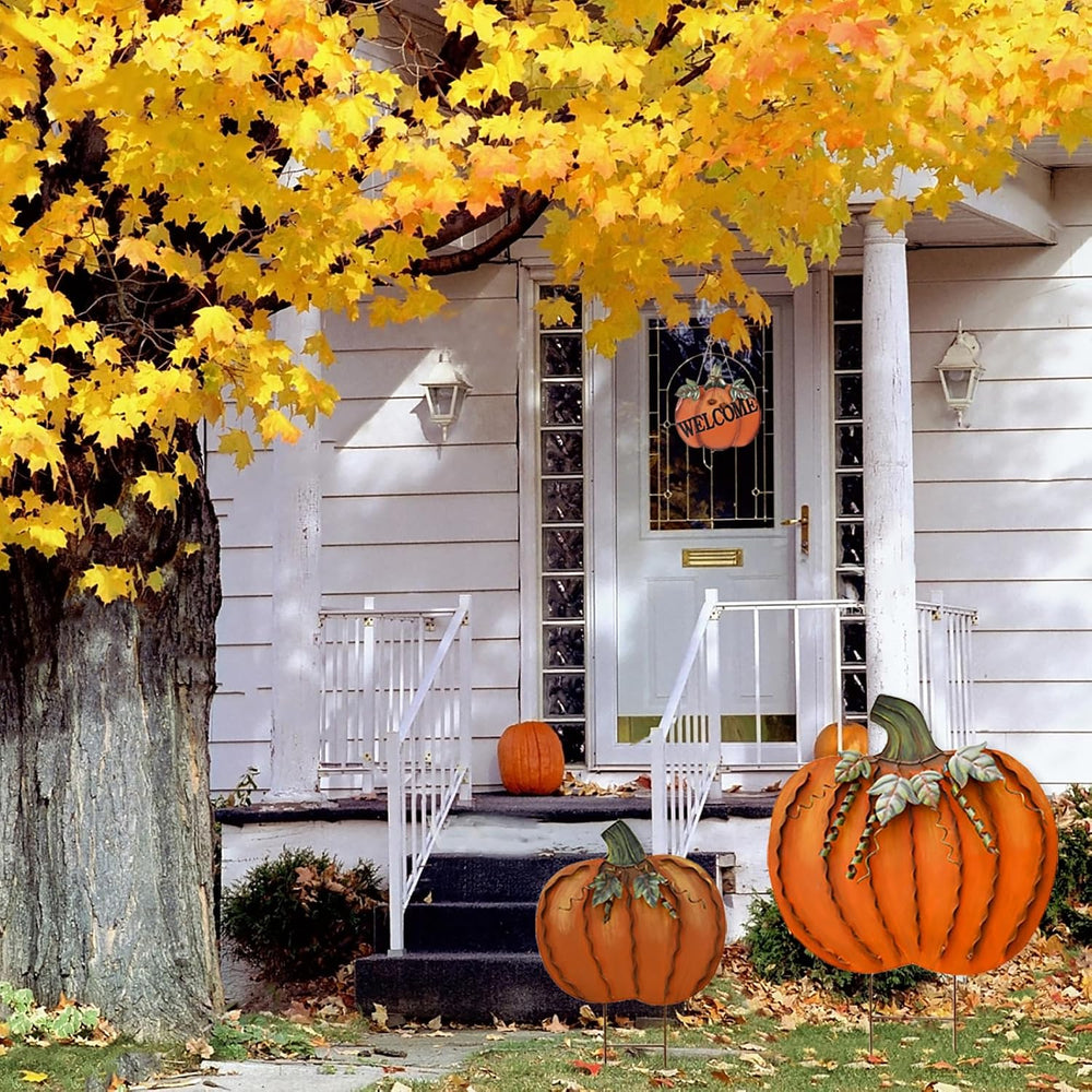 Aecipl Fall Decoration Pumpkin Garden Stakes Set of 3 Metal Yard Signs