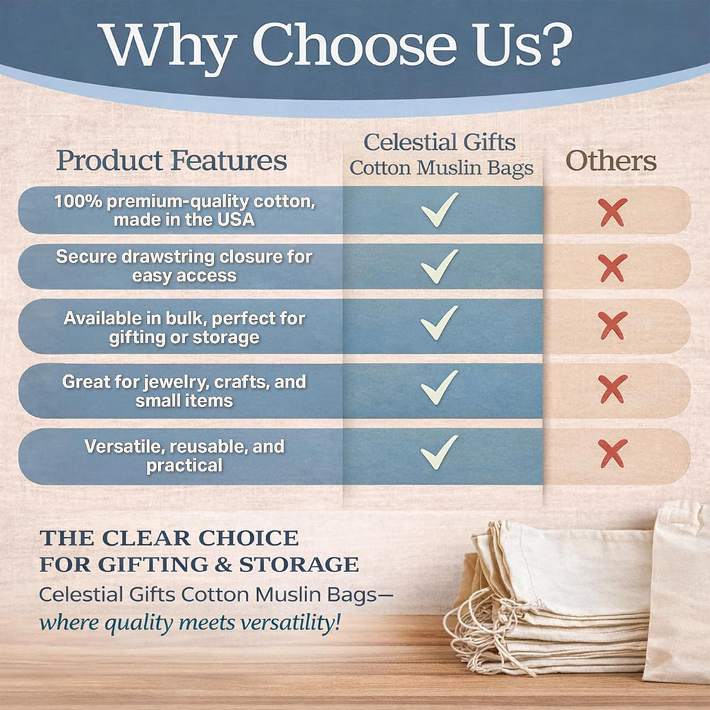 Celestial Gifts Muslin Bags With Drawstring, 50 Pcs, 6x8, Made in USA