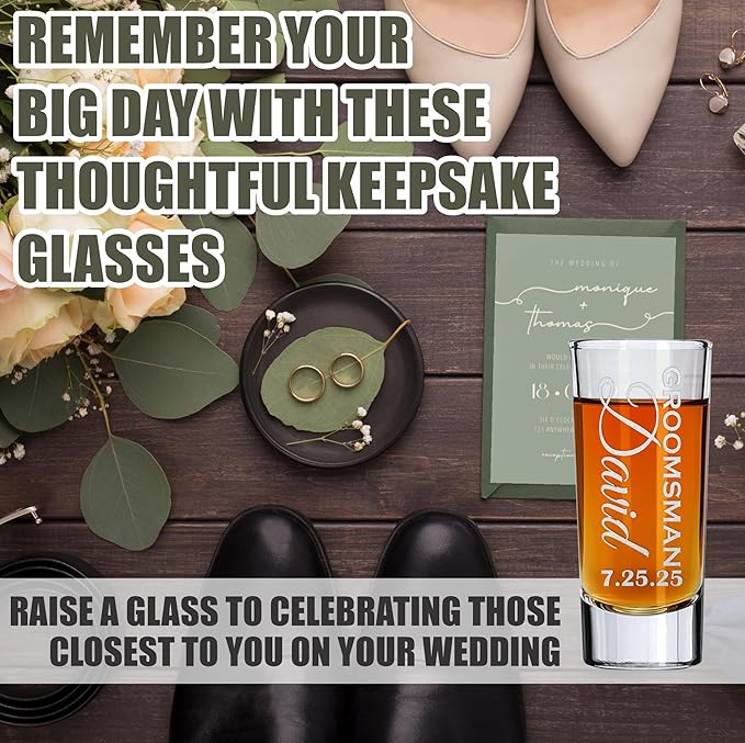 Custom Engraved 2 oz Shot Glass – Personalized Etching – Groomsman & Bridesmaid Gift – Wedding Favor Set of 8