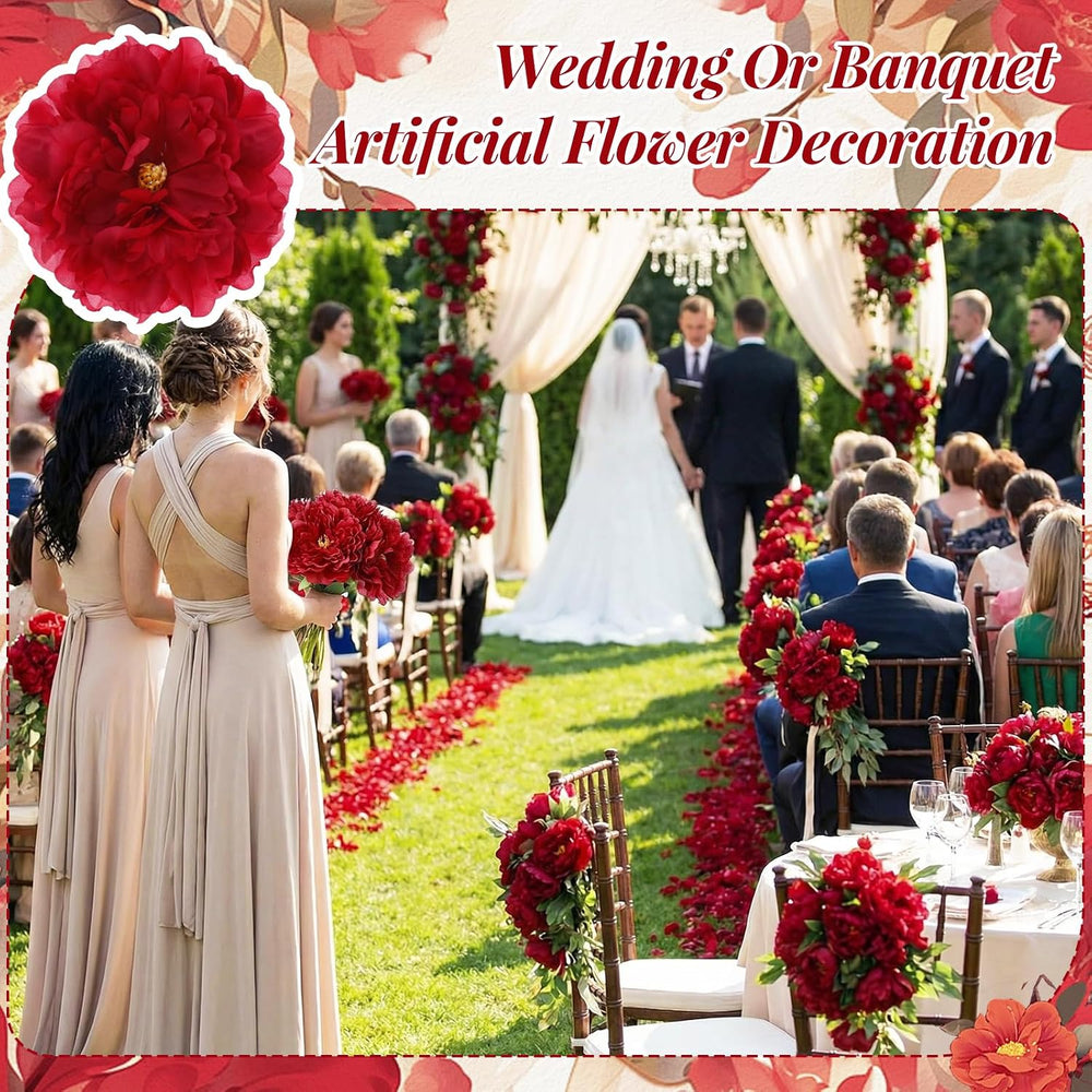 50 Pcs Artificial Peony Flowers with Wire Stems, Red