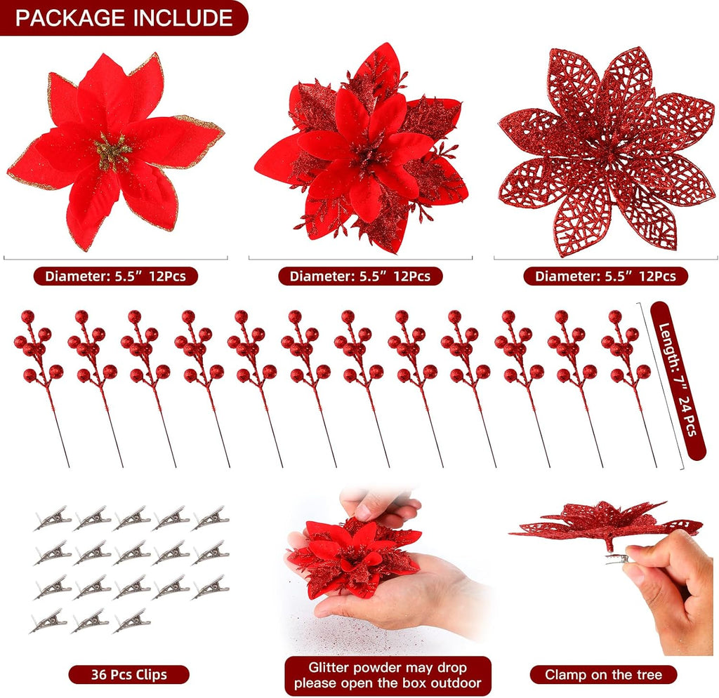 floweroyal 60pcs poinsettia artificial christmas flowers decorations with, close-up detail