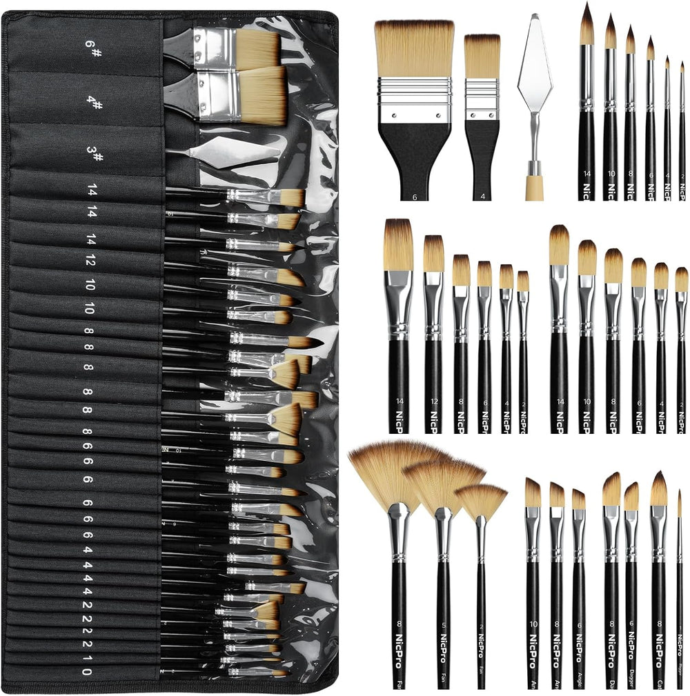 Nicpro 30pcs Paint Brush Set for Acrylic Painting, Oil, Watercolor, Gouache