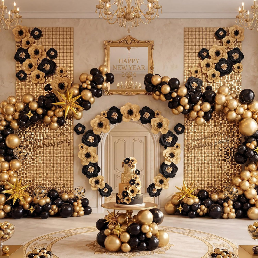 Cholemy 24 Pcs Tissue Paper Flowers 8" 10" 12", Black, Gold