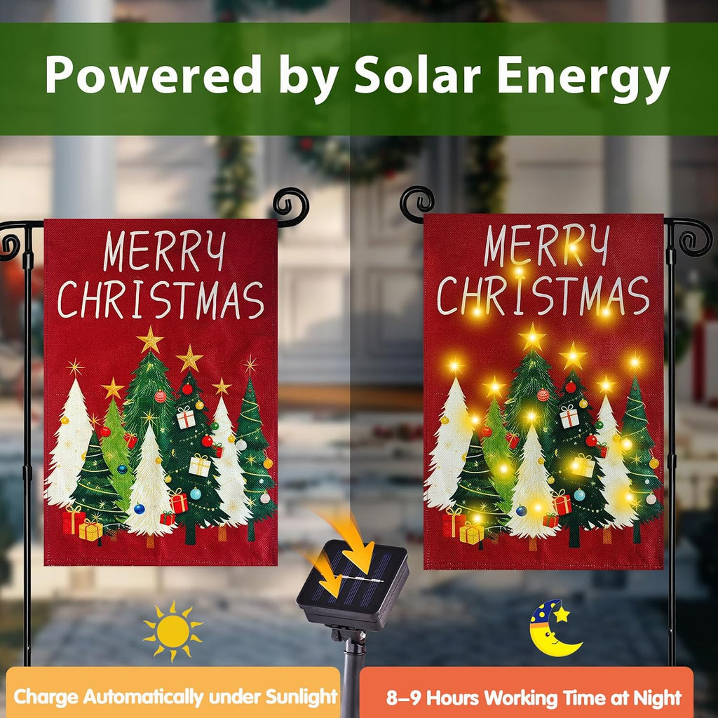 lighted christmas garden flag for outside, xmas tree shown in use
