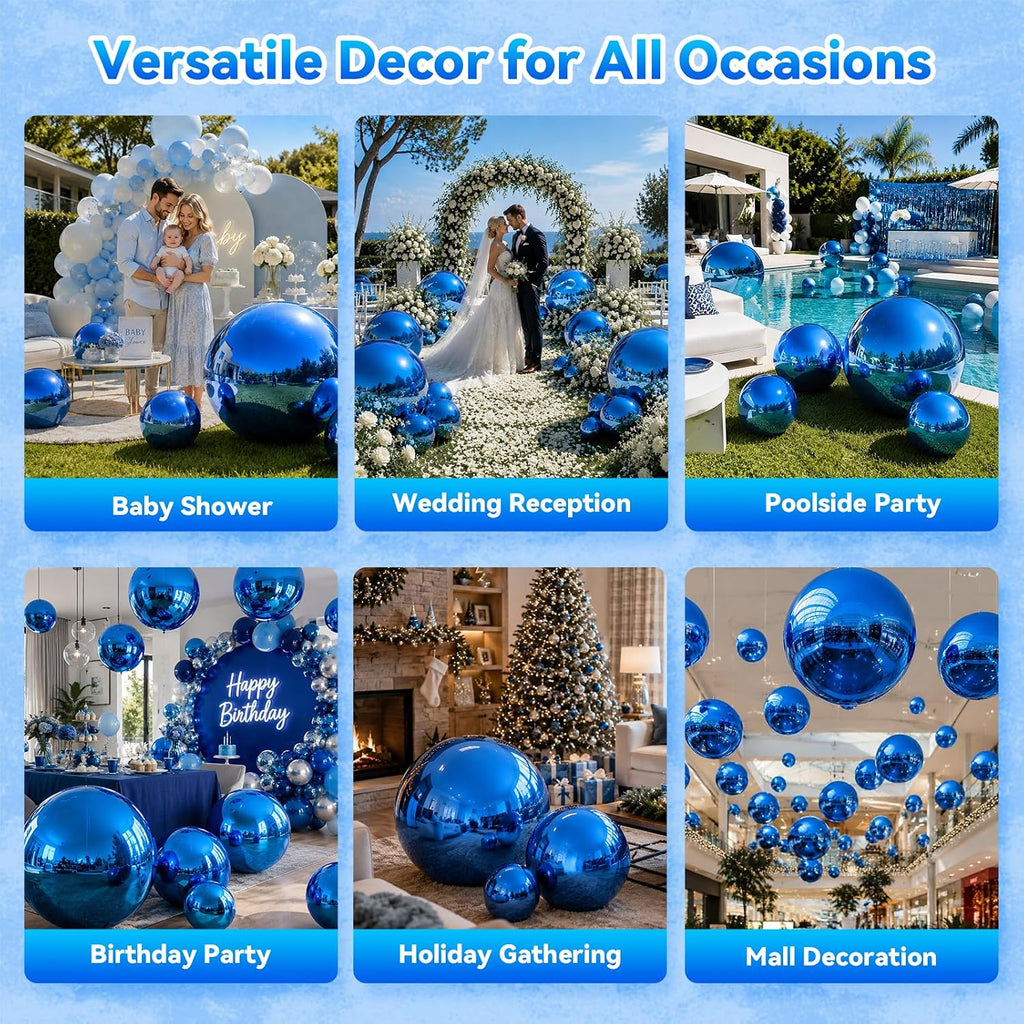 blue inflatable mirror ball shiny balls pool party, side view