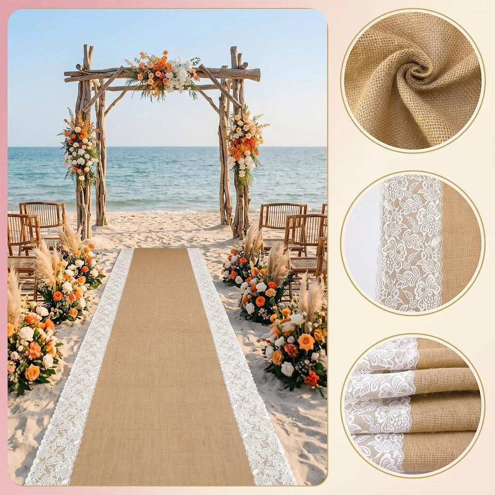 3x33ft Thickened Burlap Wedding Aisle Runner Lace, Natural Jute Runner for Ou...