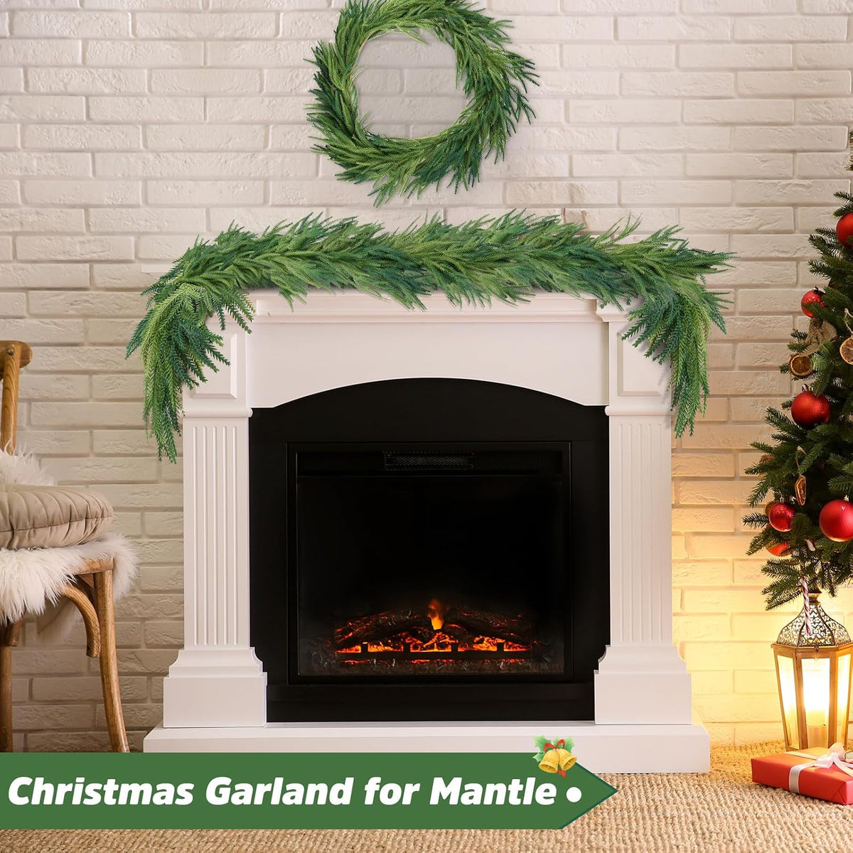 12ft norfolk pine christmas garland for mantle fireplace, side view