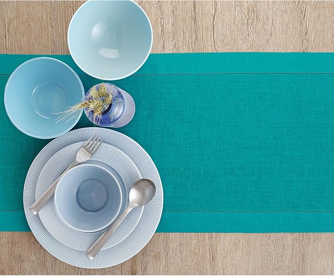 Solino Home Linen Teal Table Runner 132 Inches Long - 100% Pure Linen Extra Long Table Runner 14 x 132 Inch for Fall, Autumn - Classic Hemstitch
