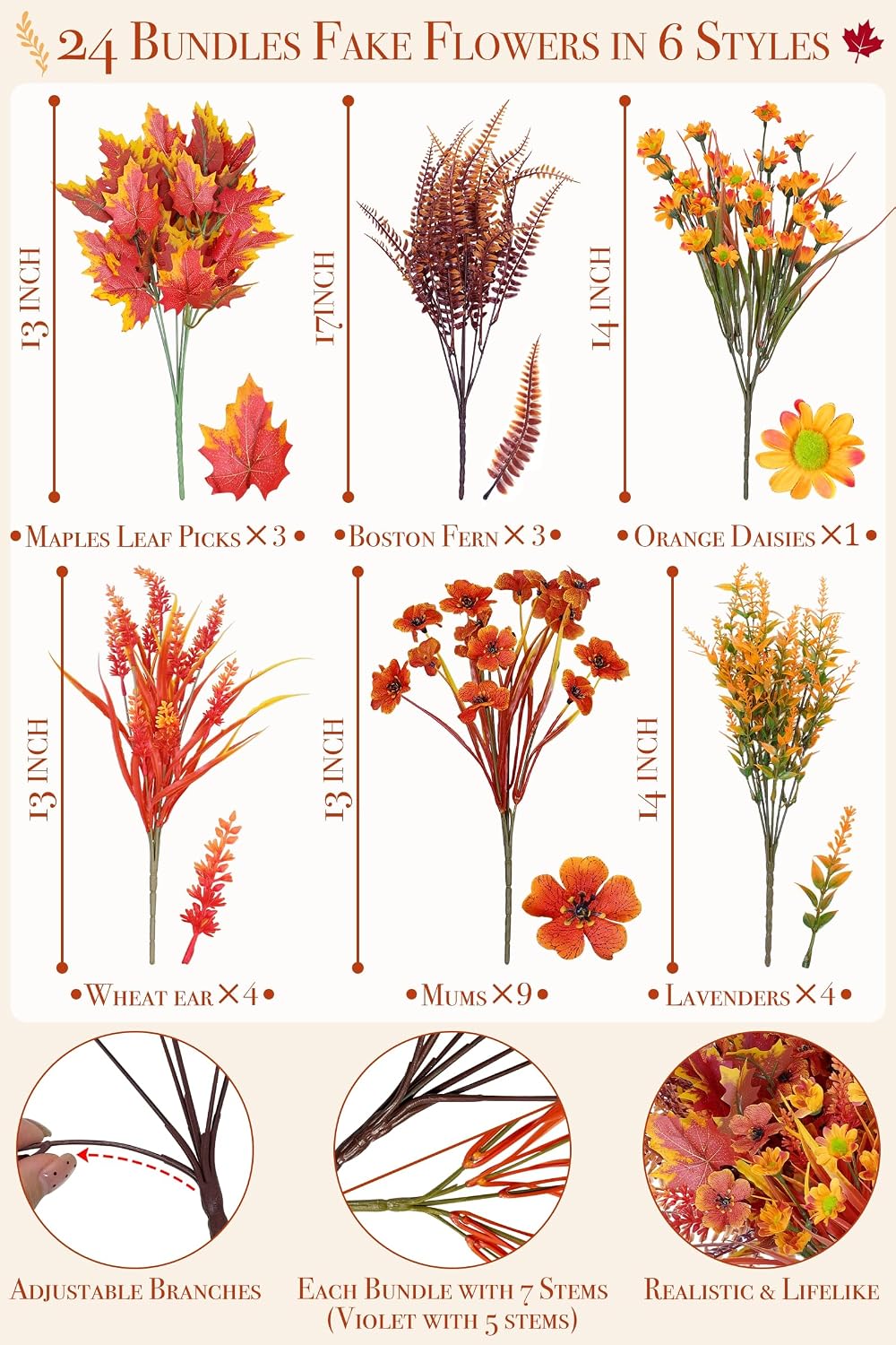 24 Bundles 6 Styles Artificial Fall Flowers Plants for Outdoors Fall Decor, Fake Faux Flower Autumn UV Resistant Orange Mums Maple Leaves Wheat Boston Fern Lavender for Thanksgiving Outside Porch Home