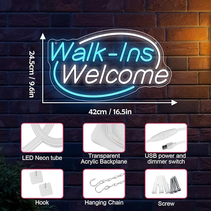 Walk-Ins Welcome Neon Sign, Neon Sign For Wall Decor, Ice blue + white Led Signs Usb Powered, Living Game Room Decor, For Bedroom Restaurant Bar Hotel Shop Party Birthday(16.5x9.4in)