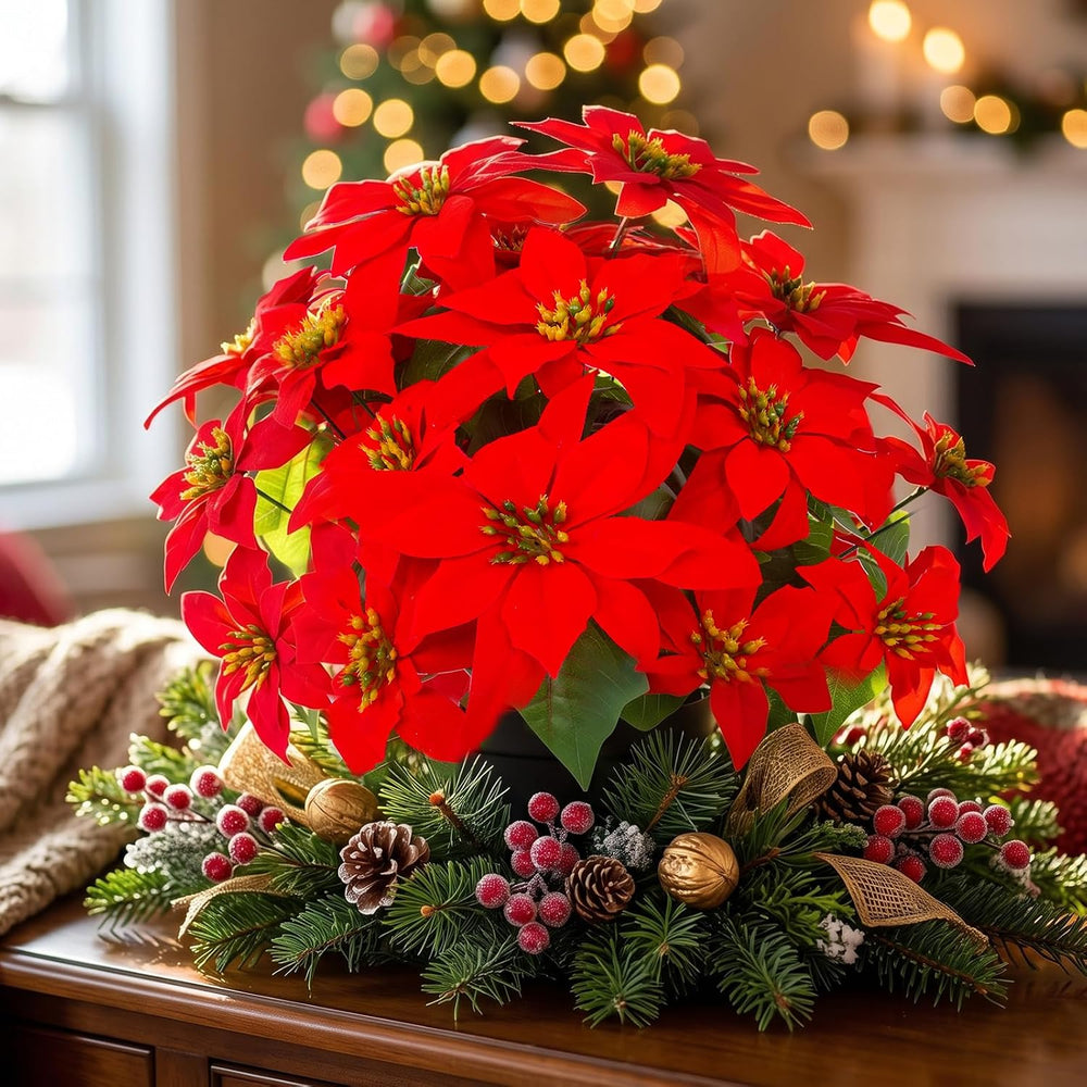 Daynight 2Pcs Artificial Poinsettias with Pots Christmas Flowers, 17.7"