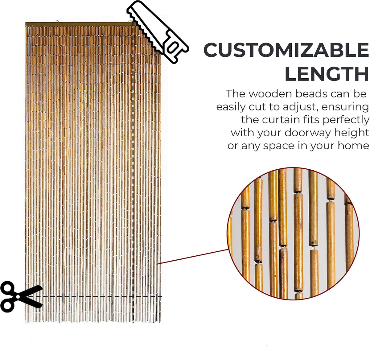 minimalist natural wooden beaded curtain - durable wood shown in use