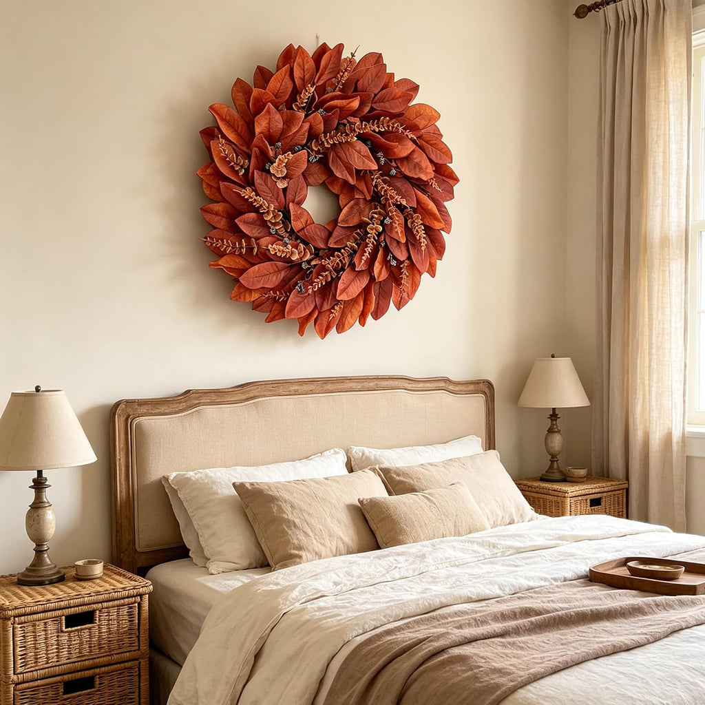 Large Artificial Magnolia Leaves Fall Wreath for Front Door Outside Decor