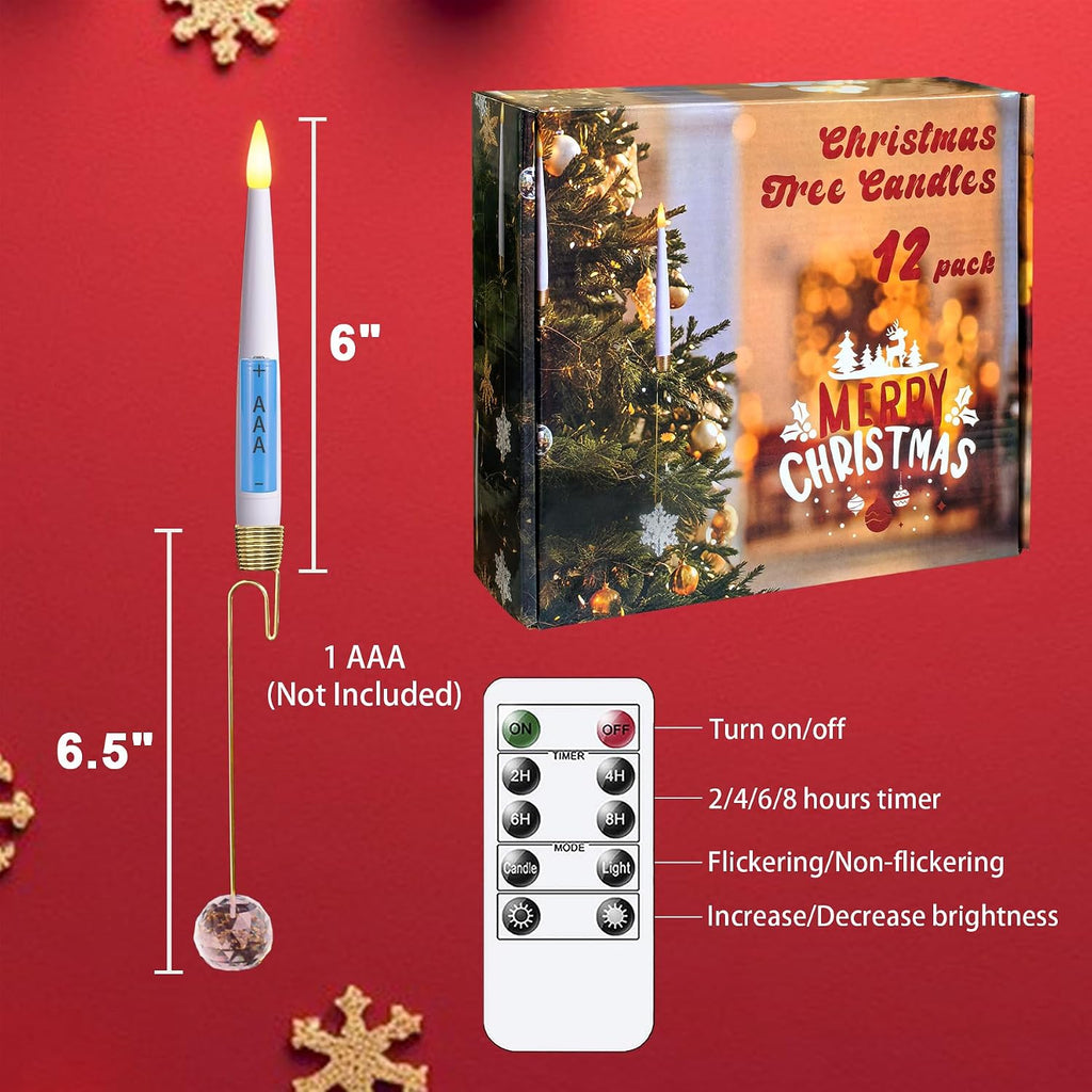 Yeelida Pack of 12 Flickering Remote 0.5" x6" LED Short Taper Candles with 12 Crystal Ball Hooks, Battery Operated Timer Window White Plastic Flameless Warm Light Candlesticks for Holiday Decor