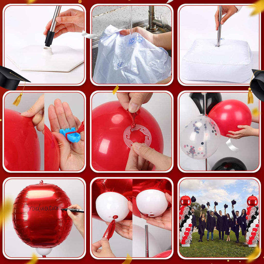2 Sets Red Black and White Balloon Column Stand Kit, Adjustable Floor Balloon Arch Tower with Foil & Latex Balloons, DIY Decor for Birthday Ceremony Backdrop