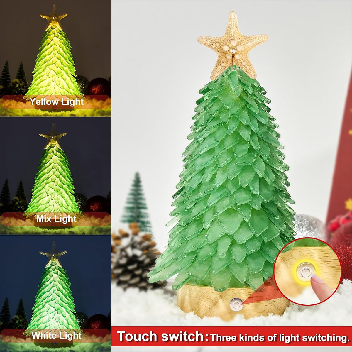 green sea glass christmas tree - handcrafted mini showing dimensions