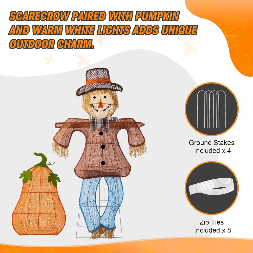 Glitzhome 4FT Fall Lighted Outdoor Scarecrow Decor, 2-Piece Pre-lit 2.5D Scar...
