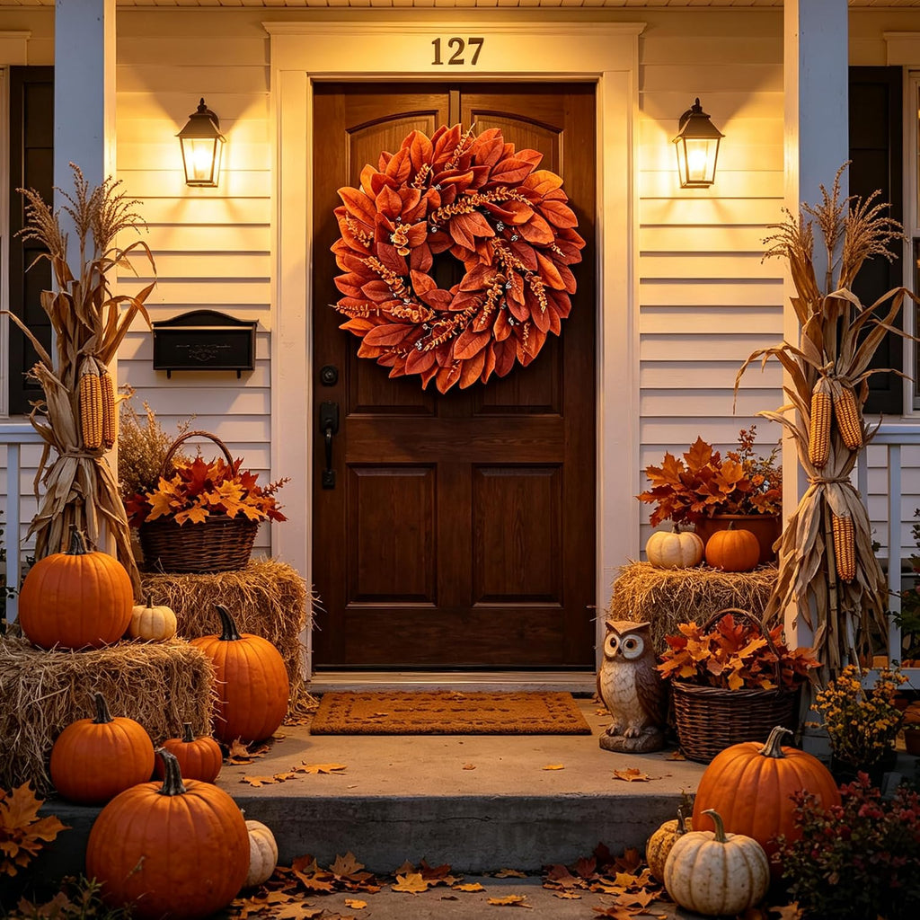 Large Artificial Magnolia Leaves Fall Wreath for Front Door Outside Decor