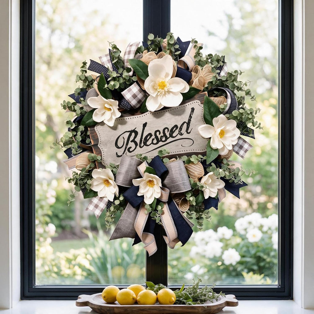 spring summer wreath for front door,farmhouse white floral shown in use