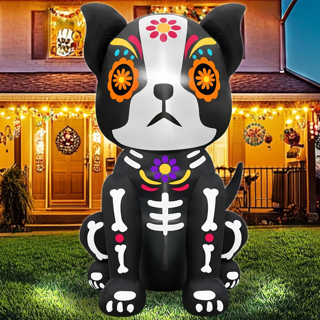 4 Ft Day of The Dead Inflatables Outdoor Sugar Skull Dog with Built-in LEDs