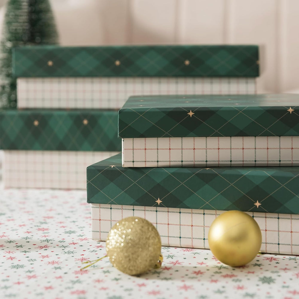 Soul & Lane - Check Christmas Gift Boxes with Lids, Set of 4, Holiday Boxes