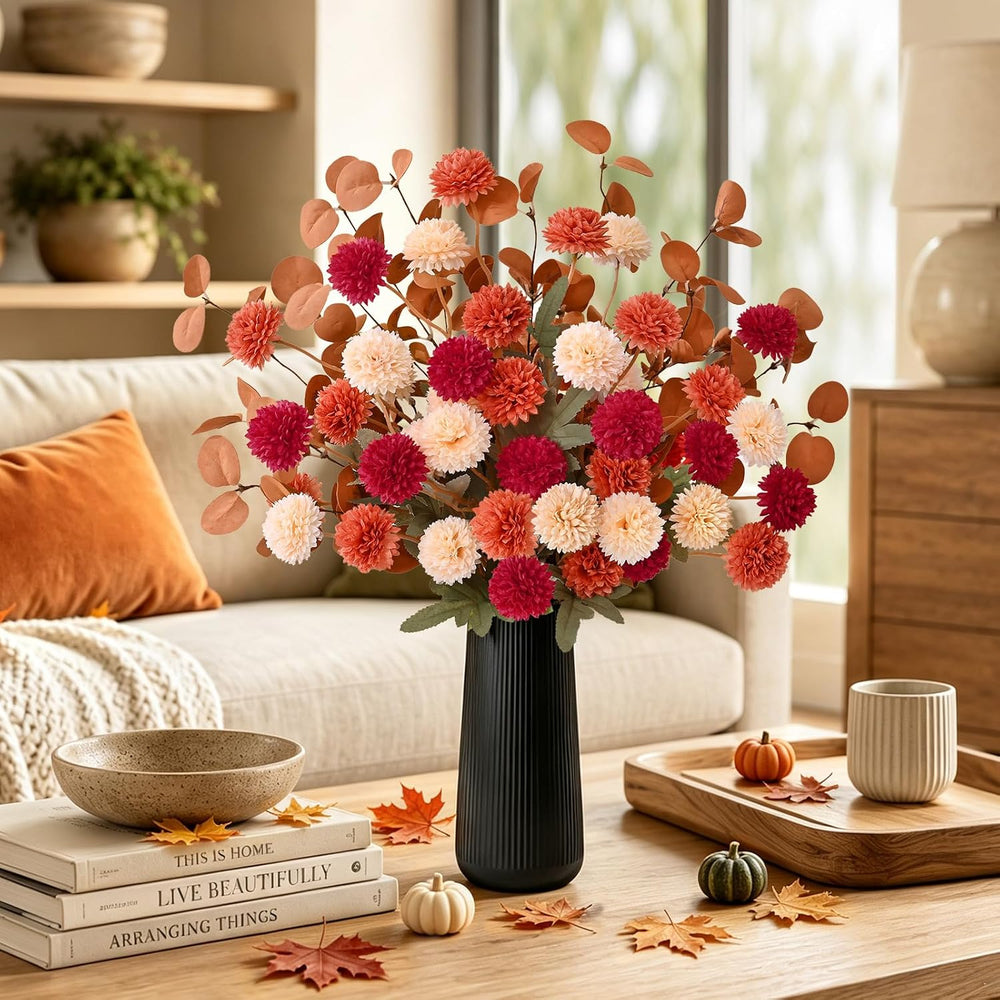 12 Pcs Realistic Fall Flowers Fake Mums with Vase, Full Silk Pompon Bulk