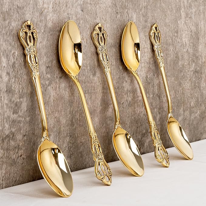 150PCS Gold Plastic Spoons - Gold Spoons Disposable - 8.1 Inch Heavy Duty Plastic Silverware - Heavyweight Elegant Disposable Utensils for Catering, Parties, Dinners, Weddings