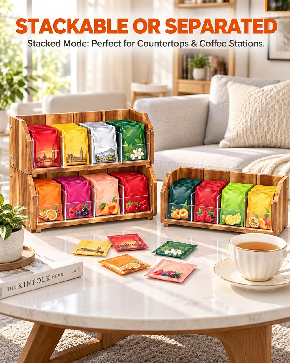 Solid Acacia Wood Tea Bag Organizer, 3 Tiers in Large, Medium & Small