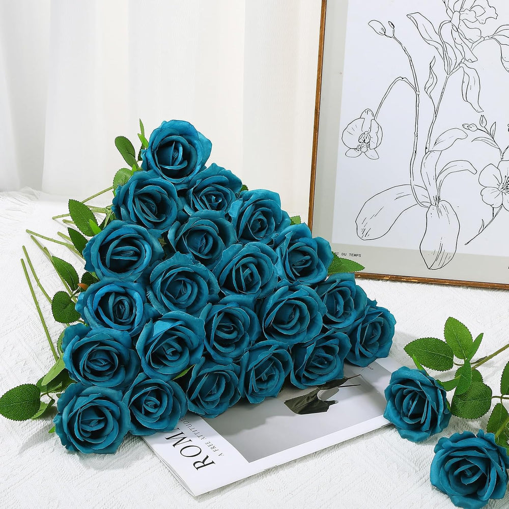 36 Pcs Teal Artificial Roses with Long Stems