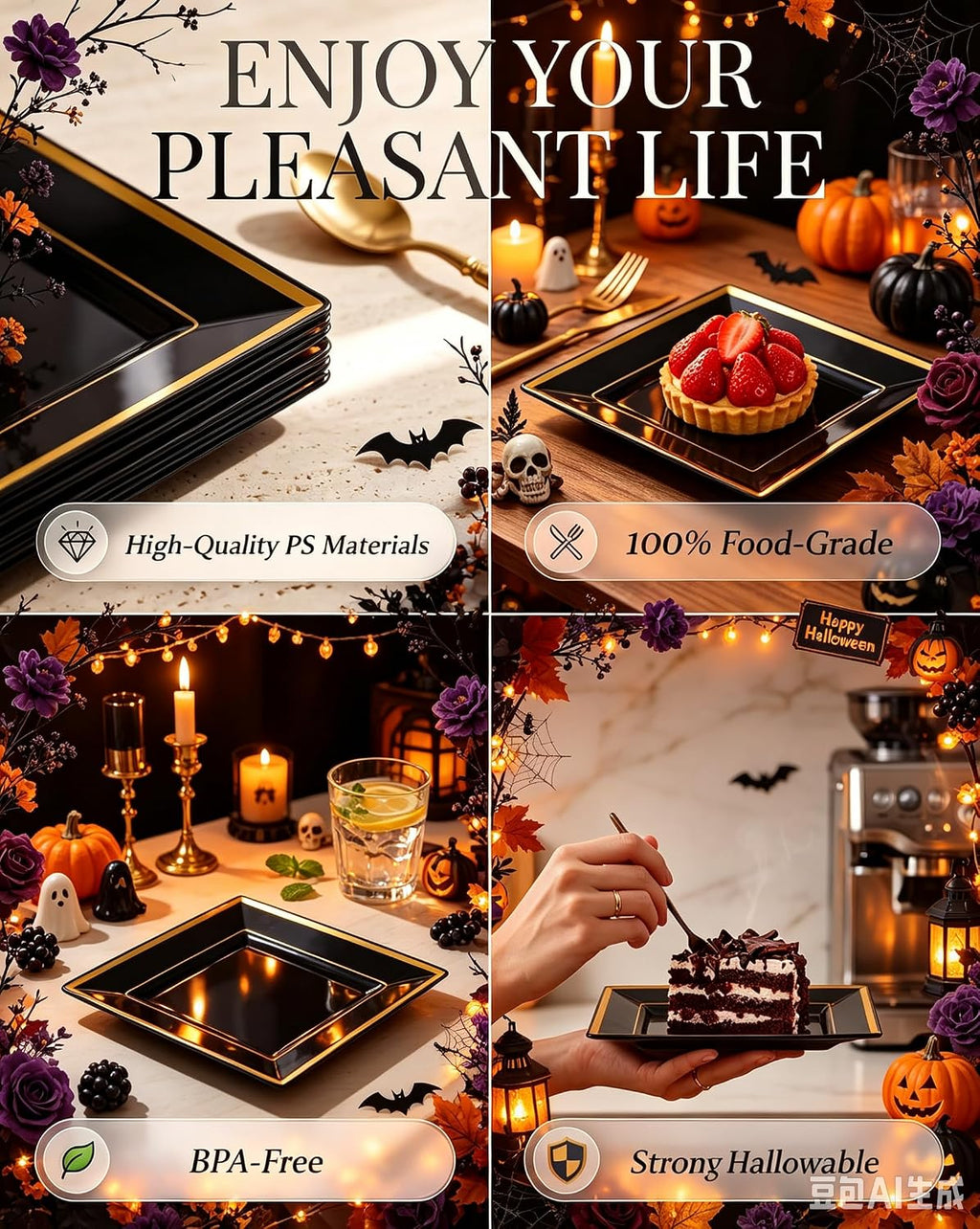 bucla 100pcs black square plastic plates with gold, close-up detail