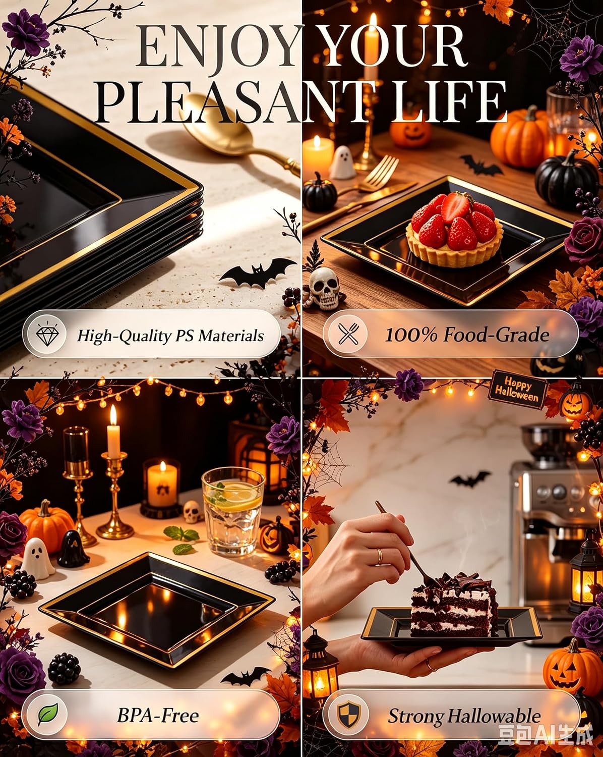 bucla 100pcs black square plastic plates with gold, close-up detail