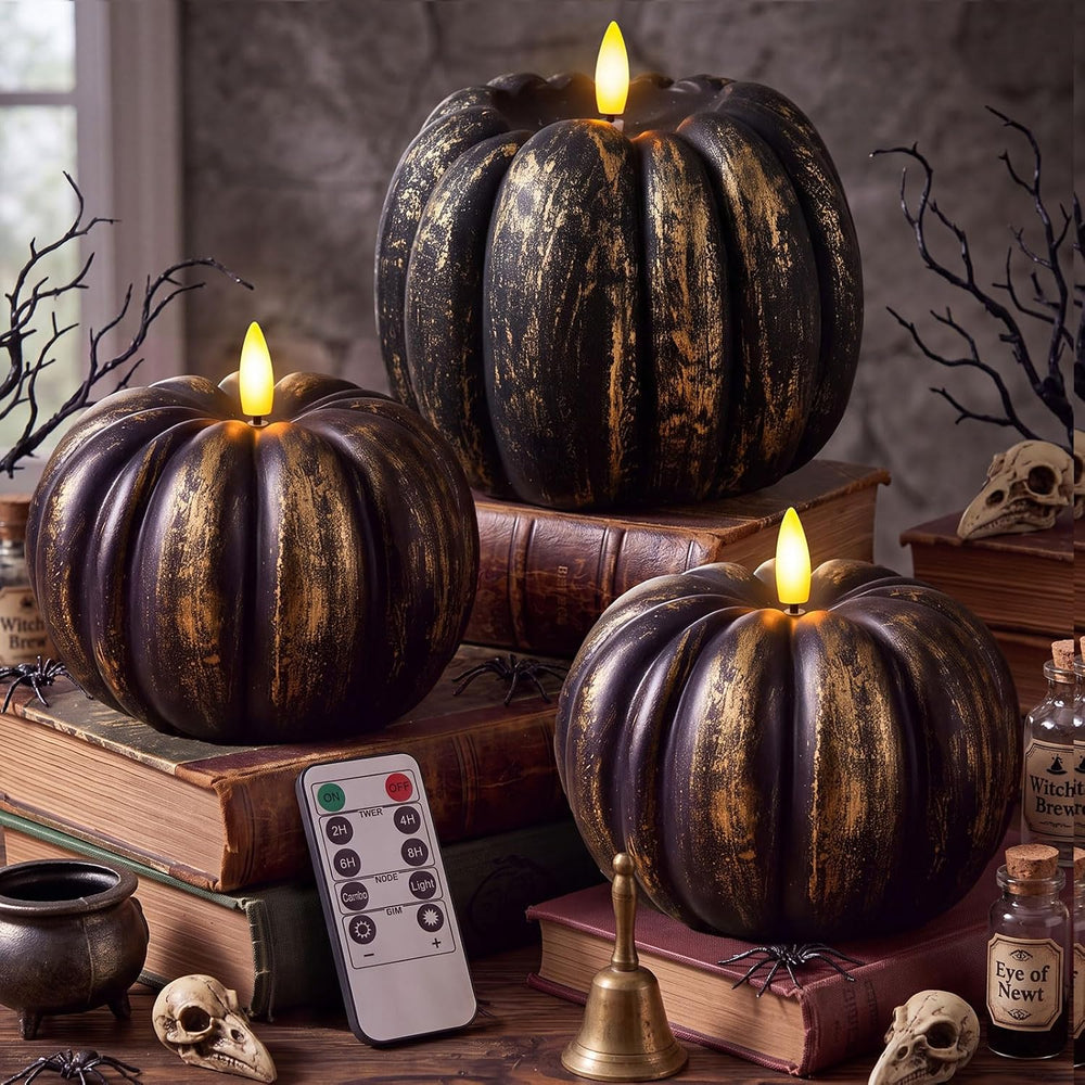3 Pcs Halloween Flameless Pumpkin Candles with Timer Remote